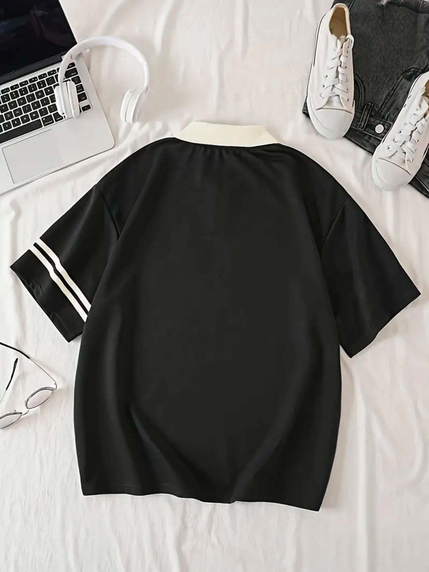 Women'S Casual Knit Polyester Polo Shirt with Letter Print, Short Sleeve Sports Tee, Regular Fit Activewear with Button Collar, All-Season Fashion Top