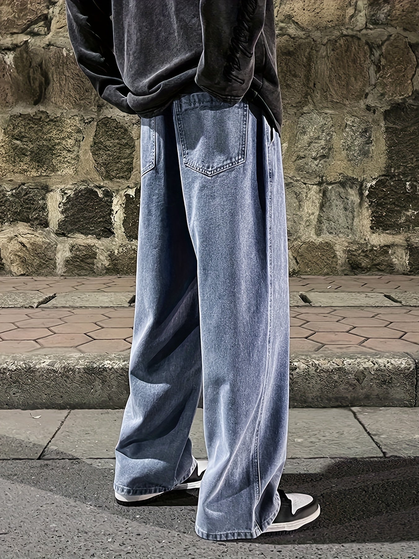 [Loose Fit] Men's Solid Straight Leg Jeans - Loose Fit, Casual Denim Pants - For Daily Wear