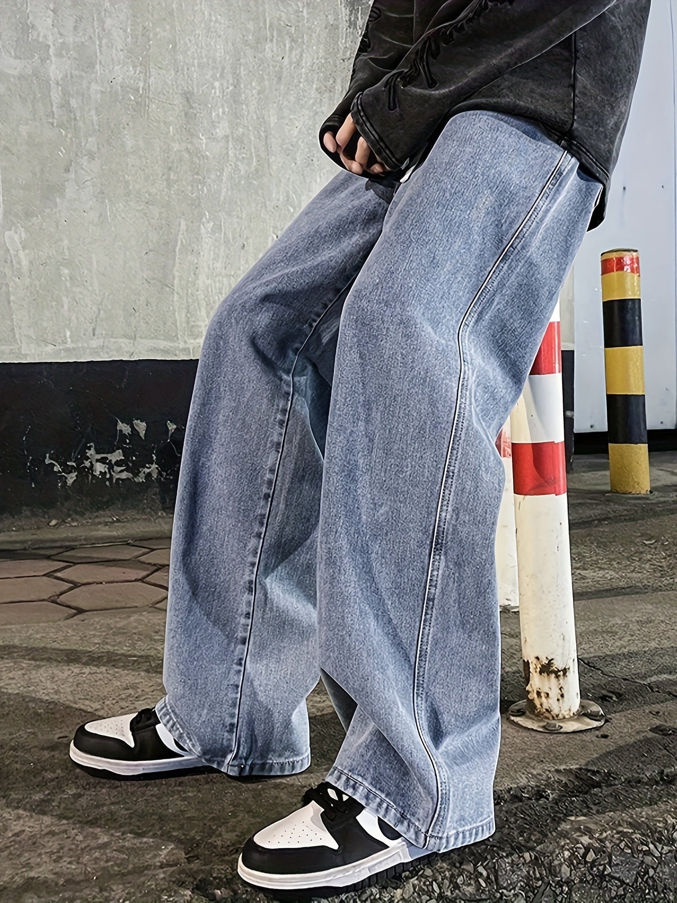 [Loose Fit] Men's Solid Straight Leg Jeans - Loose Fit, Casual Denim Pants - For Daily Wear