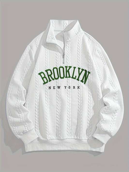 Brooklyn New York Embroidered Jacquard Sweatshirt, Preppy Style, Long Sleeve, Collared Neck, 100% Polyester, Slight Stretch, Regular Length, 320g/m² Knit Fabric, Loose Fit