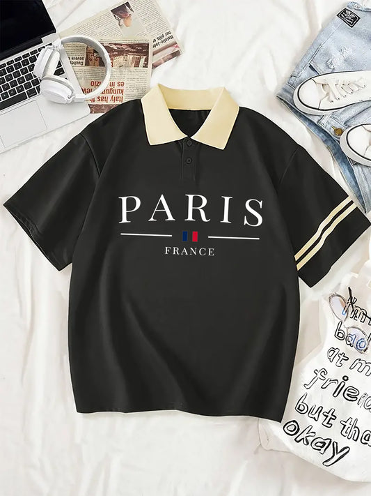 Loose Fit Paris Print Polo T-shirt, Casual Short Sleeve Collared Sporty Top for Summer & Spring, Women's Clothing