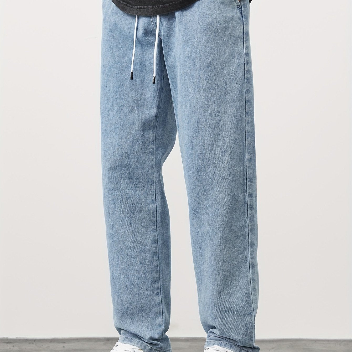 Japanese And Korean Brand Drawstring Sports Casual Loose Fit Men'S Straight-Leg Denim Pants - Versatile And Fashionable Cropped Trousers For Spring And Autumn 2024