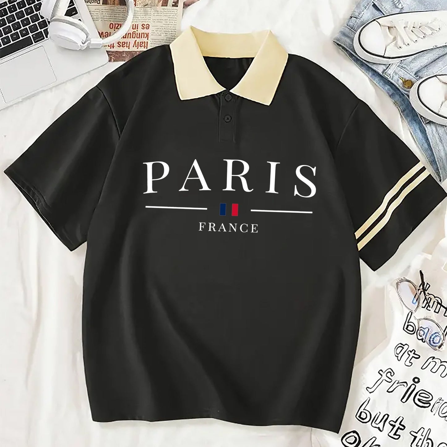 Loose Fit Paris Print Polo T-shirt, Casual Short Sleeve Collared Sporty Top for Summer & Spring, Women's Clothing