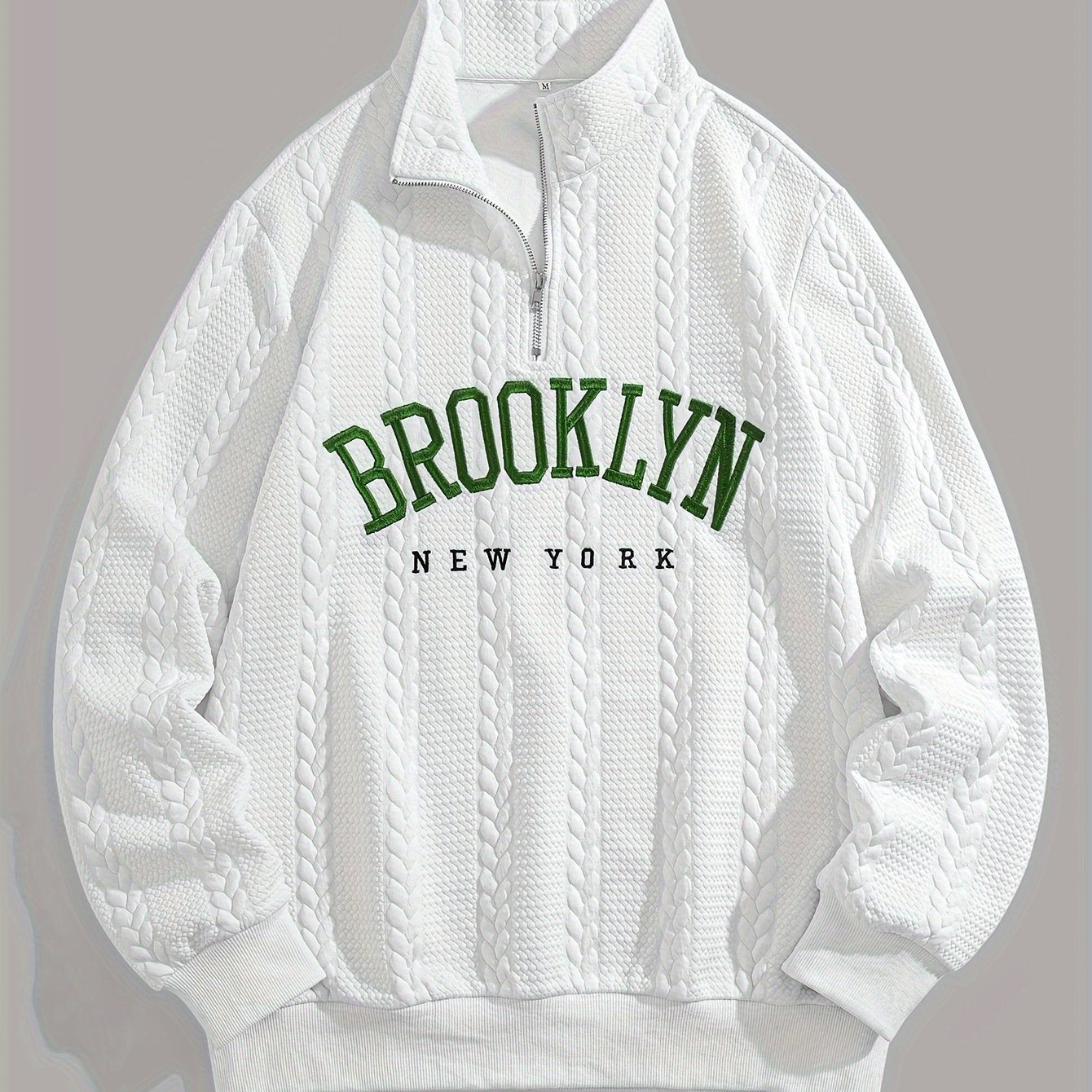 Brooklyn New York Embroidered Jacquard Sweatshirt, Preppy Style, Long Sleeve, Collared Neck, 100% Polyester, Slight Stretch, Regular Length, 320g/m² Knit Fabric, Loose Fit