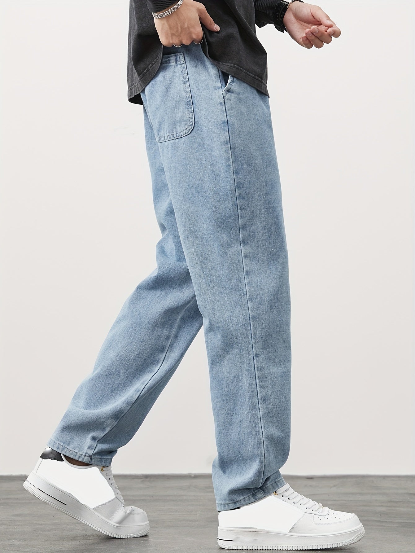 Japanese And Korean Brand Drawstring Sports Casual Loose Fit Men'S Straight-Leg Denim Pants - Versatile And Fashionable Cropped Trousers For Spring And Autumn 2024