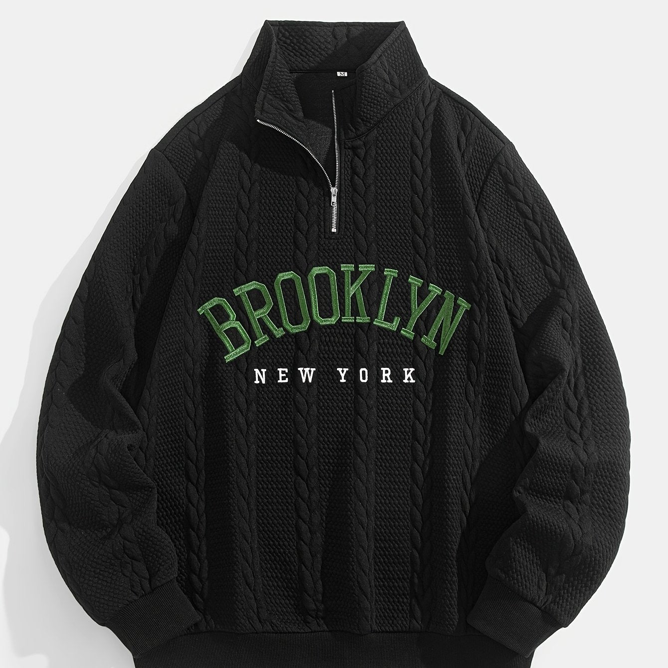 Brooklyn New York Embroidered Jacquard Sweatshirt, Preppy Style, Long Sleeve, Collared Neck, 100% Polyester, Slight Stretch, Regular Length, 320g/m² Knit Fabric, Loose Fit