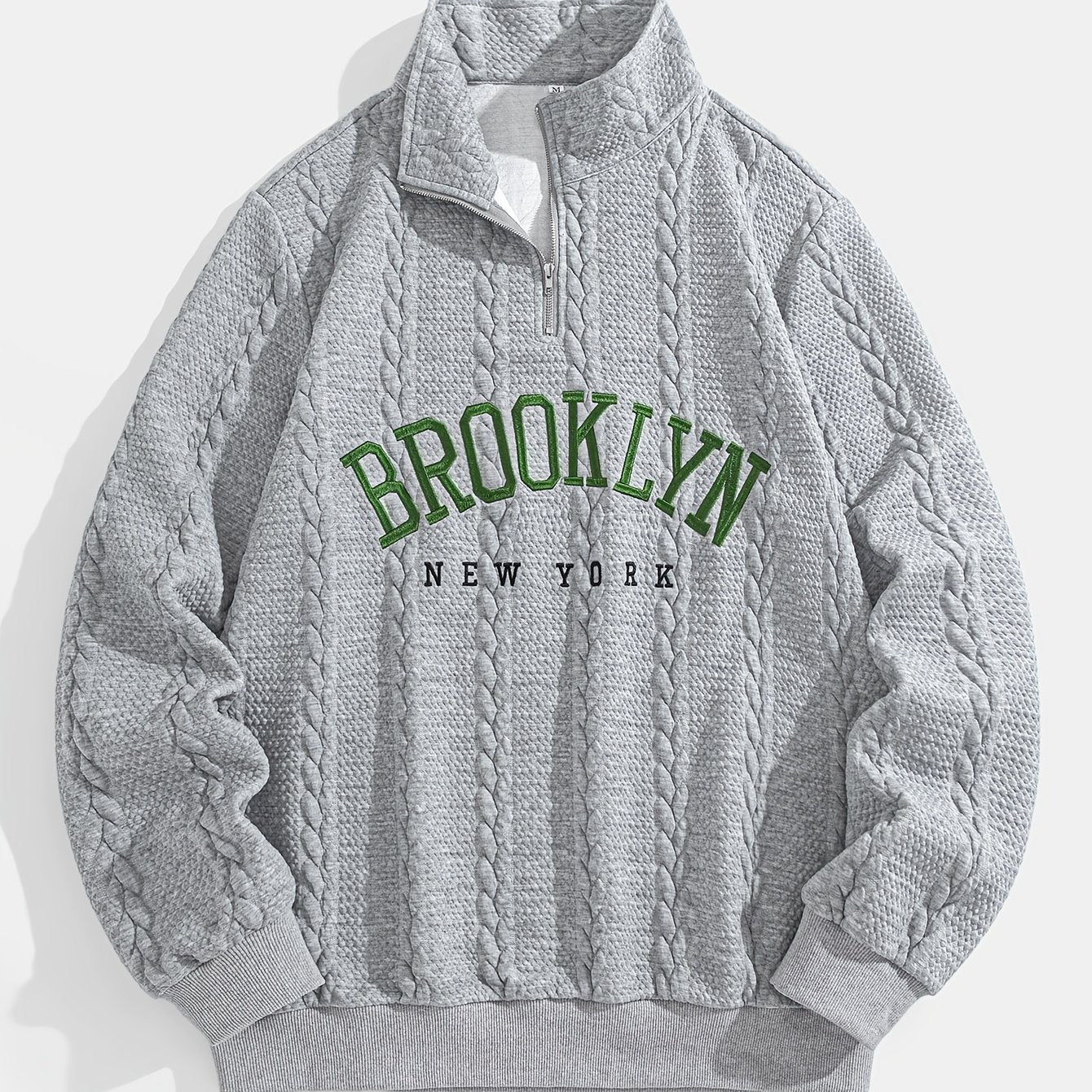 Brooklyn New York Embroidered Jacquard Sweatshirt, Preppy Style, Long Sleeve, Collared Neck, 100% Polyester, Slight Stretch, Regular Length, 320g/m² Knit Fabric, Loose Fit