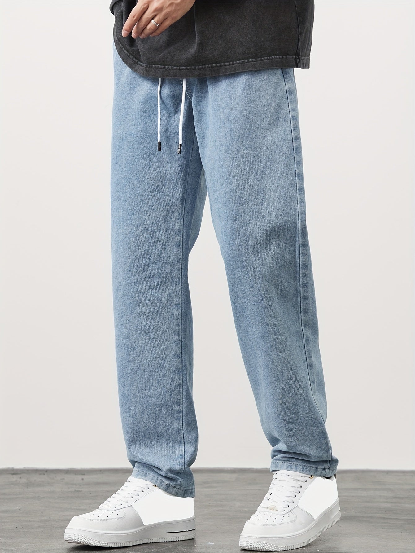 Japanese And Korean Brand Drawstring Sports Casual Loose Fit Men'S Straight-Leg Denim Pants - Versatile And Fashionable Cropped Trousers For Spring And Autumn 2024