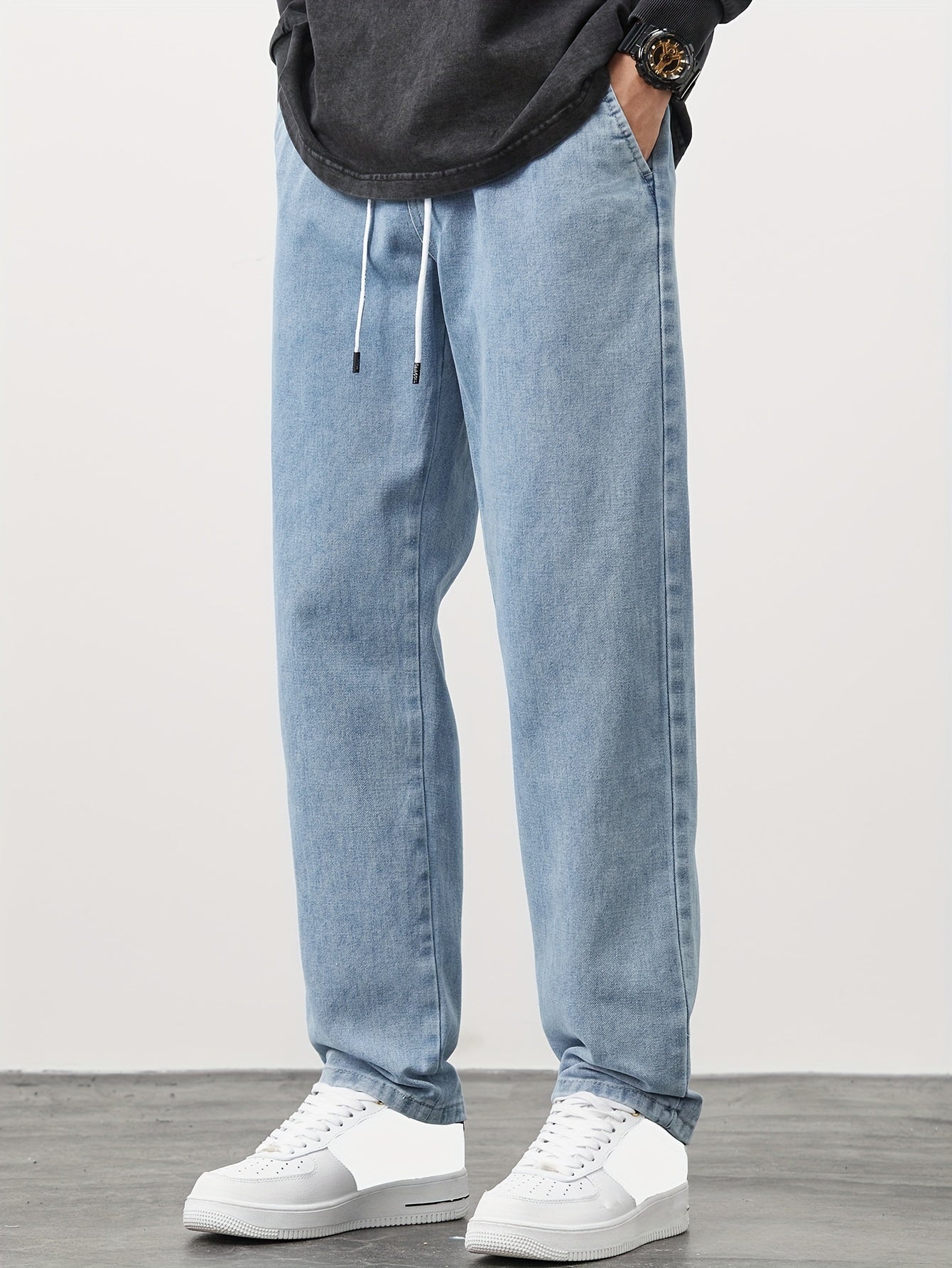 Japanese And Korean Brand Drawstring Sports Casual Loose Fit Men'S Straight-Leg Denim Pants - Versatile And Fashionable Cropped Trousers For Spring And Autumn 2024