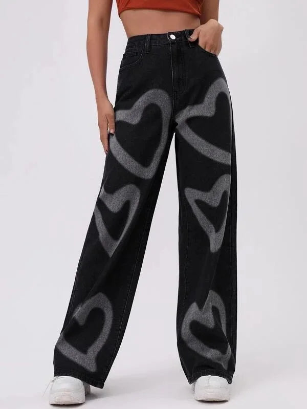 2022 Fashion Trousers Medium Wash High Waist Heart Print Wide Leg Jeans