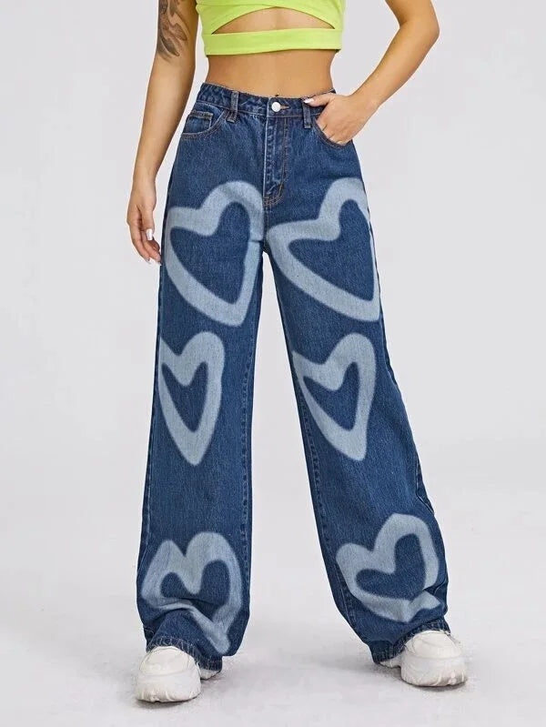 2022 Fashion Trousers Medium Wash High Waist Heart Print Wide Leg Jeans