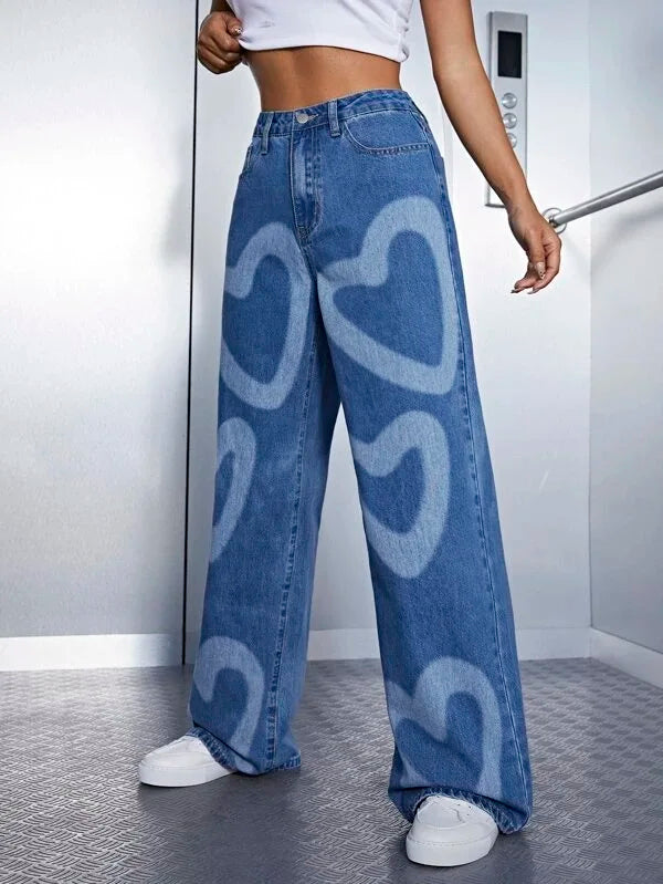 2022 Fashion Trousers Medium Wash High Waist Heart Print Wide Leg Jeans