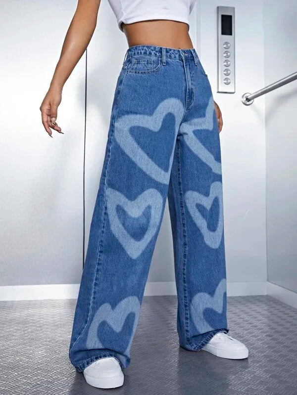 2022 Fashion Trousers Medium Wash High Waist Heart Print Wide Leg Jeans