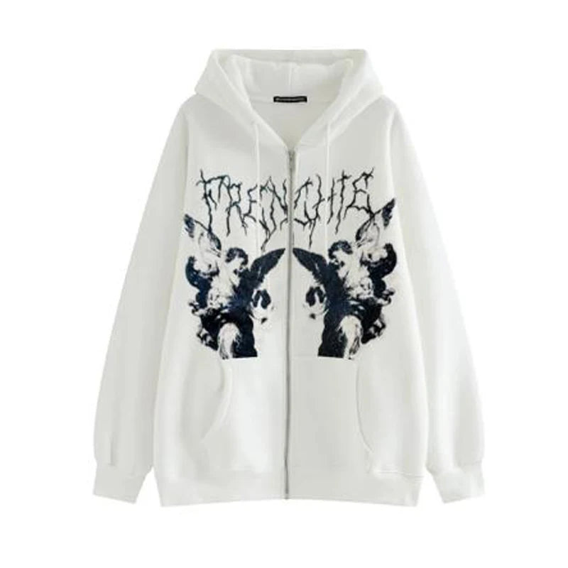 Vintage Angel Print Oversized Hoodies Female Zip Up Long Sleeve Women's Sweatshirt Y2K Aesthetic Autumn Gothic Grunge Streetwear