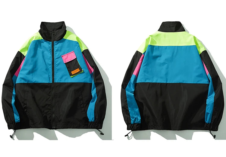 Men Hip Hop Streetwear Jacket Coat Retro Color Block Patchwork Harajuku Jacket Windbreaker Oversized Track Jacket Pocket Autumn