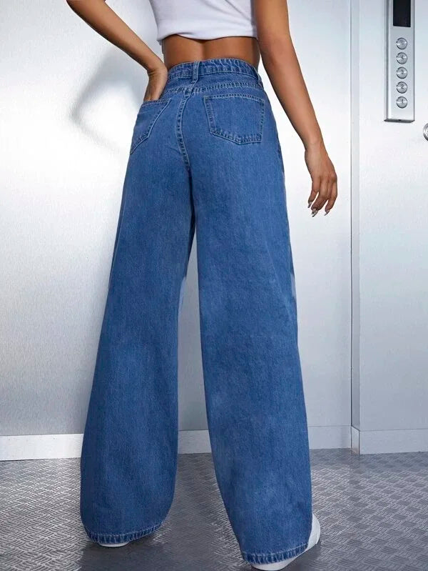 2022 Fashion Trousers Medium Wash High Waist Heart Print Wide Leg Jeans