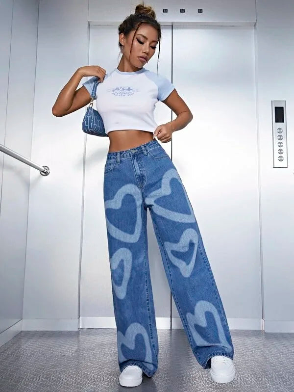 2022 Fashion Trousers Medium Wash High Waist Heart Print Wide Leg Jeans