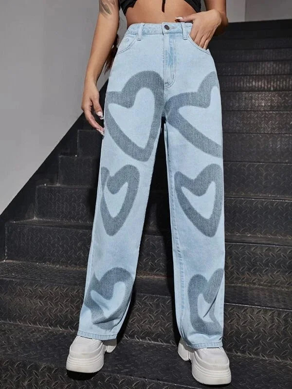 2022 Fashion Trousers Medium Wash High Waist Heart Print Wide Leg Jeans