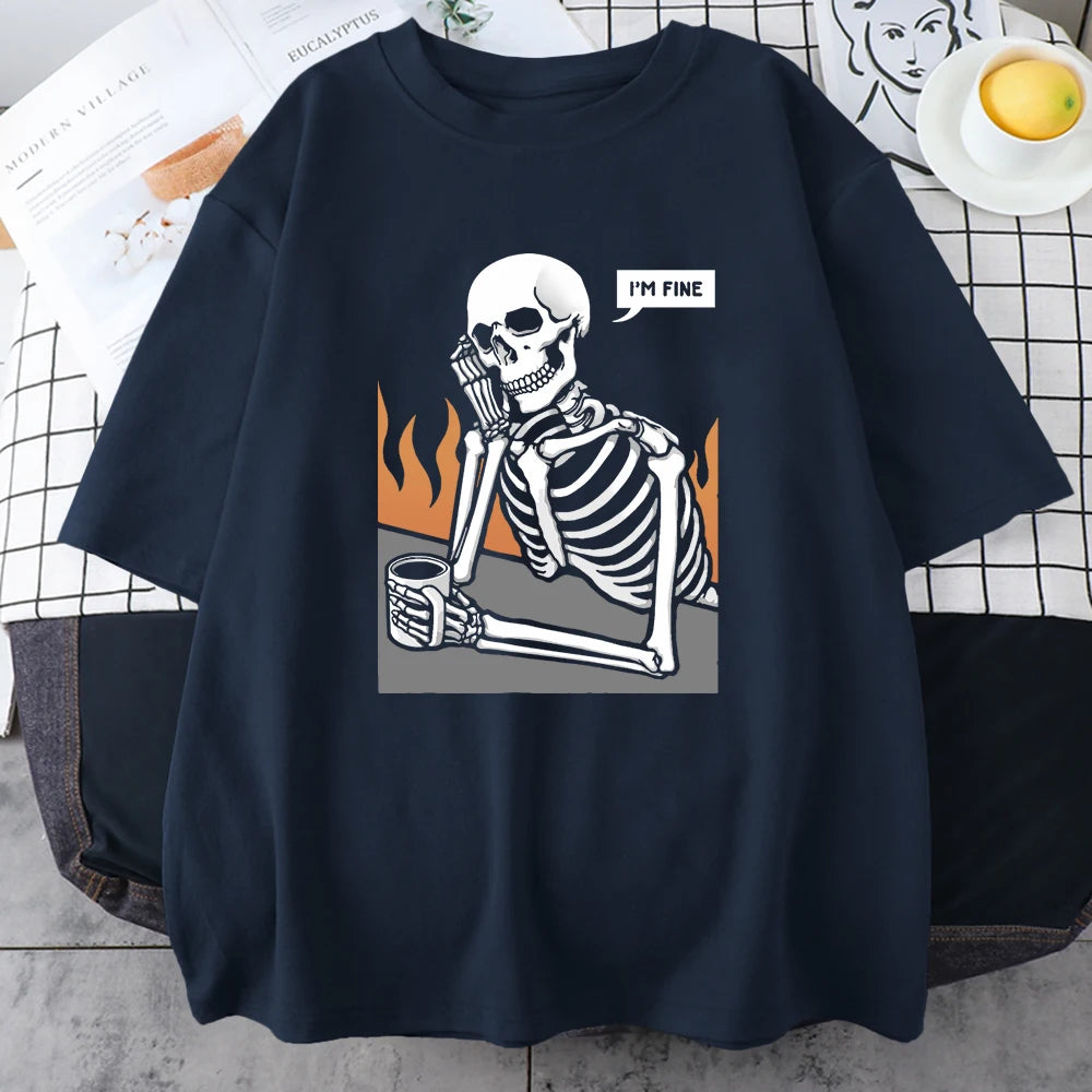 Skeletons In Meditation And Keep Alone Prints Mans Cotton Short Sleeve Personality Street Hip Hop Clothing Casual Men T-Shirts