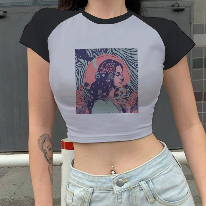 Gothic Crop Tops Lana Del Rey Ldr Sailing T Shirt Summer Harajuku Women Vintage Short-Sleeve T-Shirt Streetwear Female Clothes