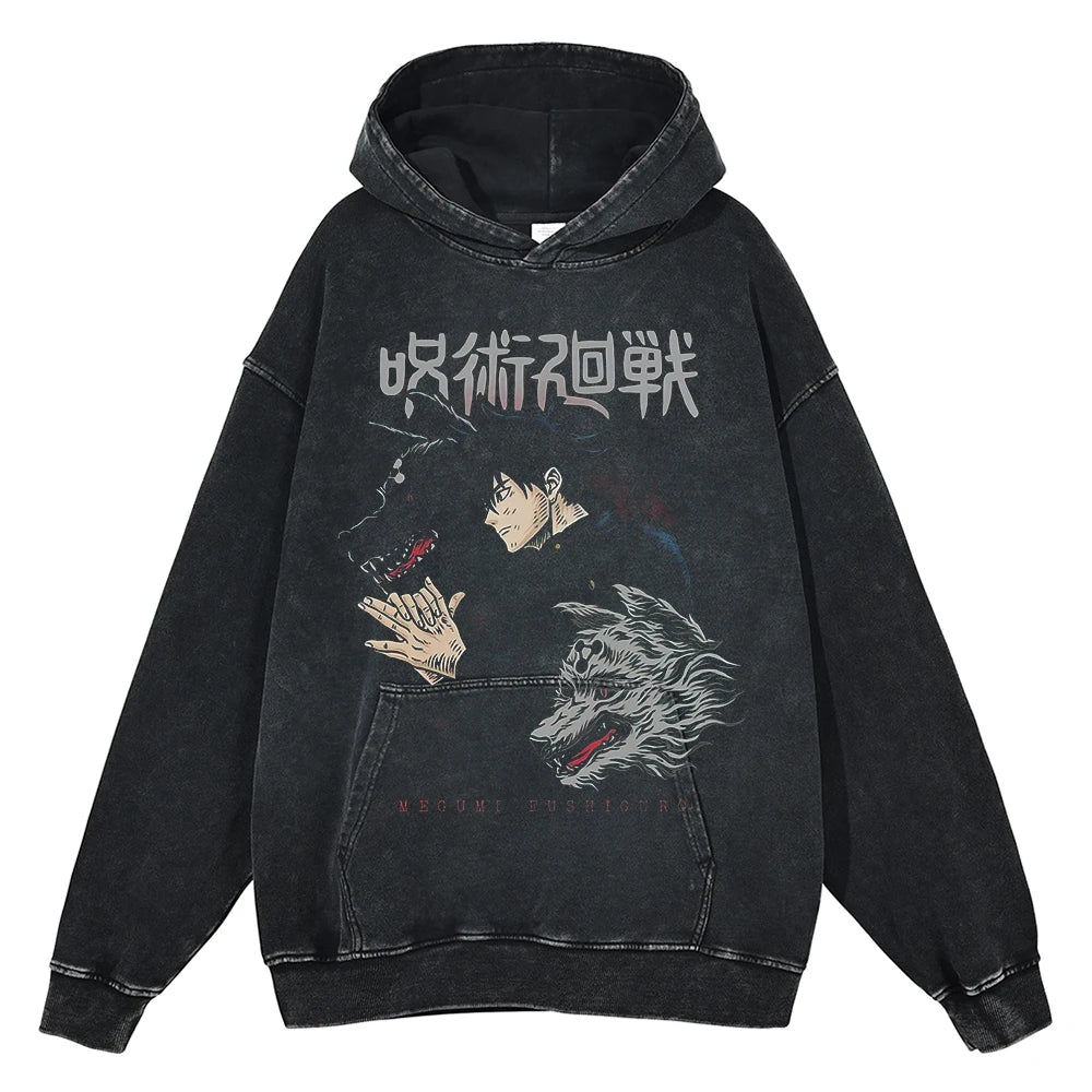 Hot Anime Jujutsu Kaisen Satoru Gojo Print Hooded Men Women Oversized Hoodies Manga Washed Cotton Pullover Harajuku Sweatshirt