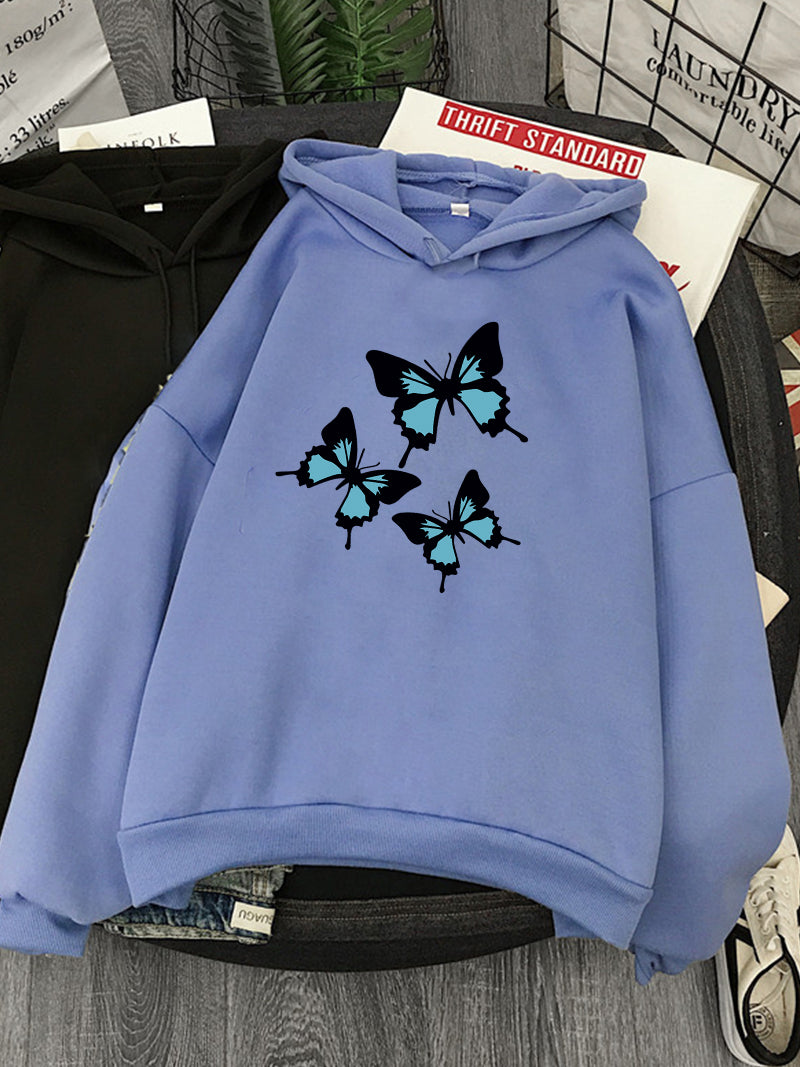 Hirsionsan Butterflies Print Women Sweatshirt Soft Casual Loose Female Hoodies 2023 Winter New Warm Fleece Tops for Girls