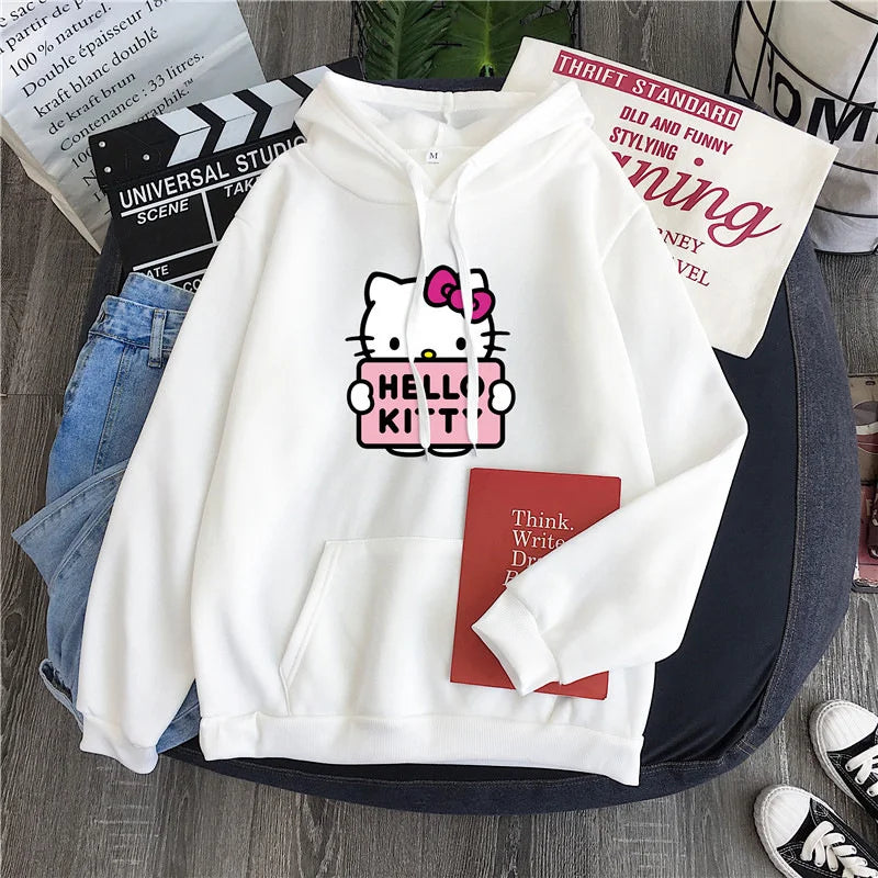 2024 New Casual Women's Sweatshirts Sanrio Hello Kitty Kawaii Tops for Women Cute Hoodies Fashion Harajuku Long Sleeves Plus Siz