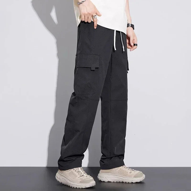 Men's Baggy Straight Combat Cargo Pants Basic Versatile Outdoor Sports Ripstop Trousers Multi Pockets Wide Leg Casual Pants Male