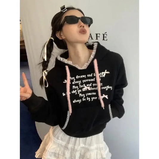 Retro Preppy Casual Loose Sweatshirt Long Sleeved Kawaii Letter Print Hoodies Lace Hooded Top Women Clothing Small bow trim