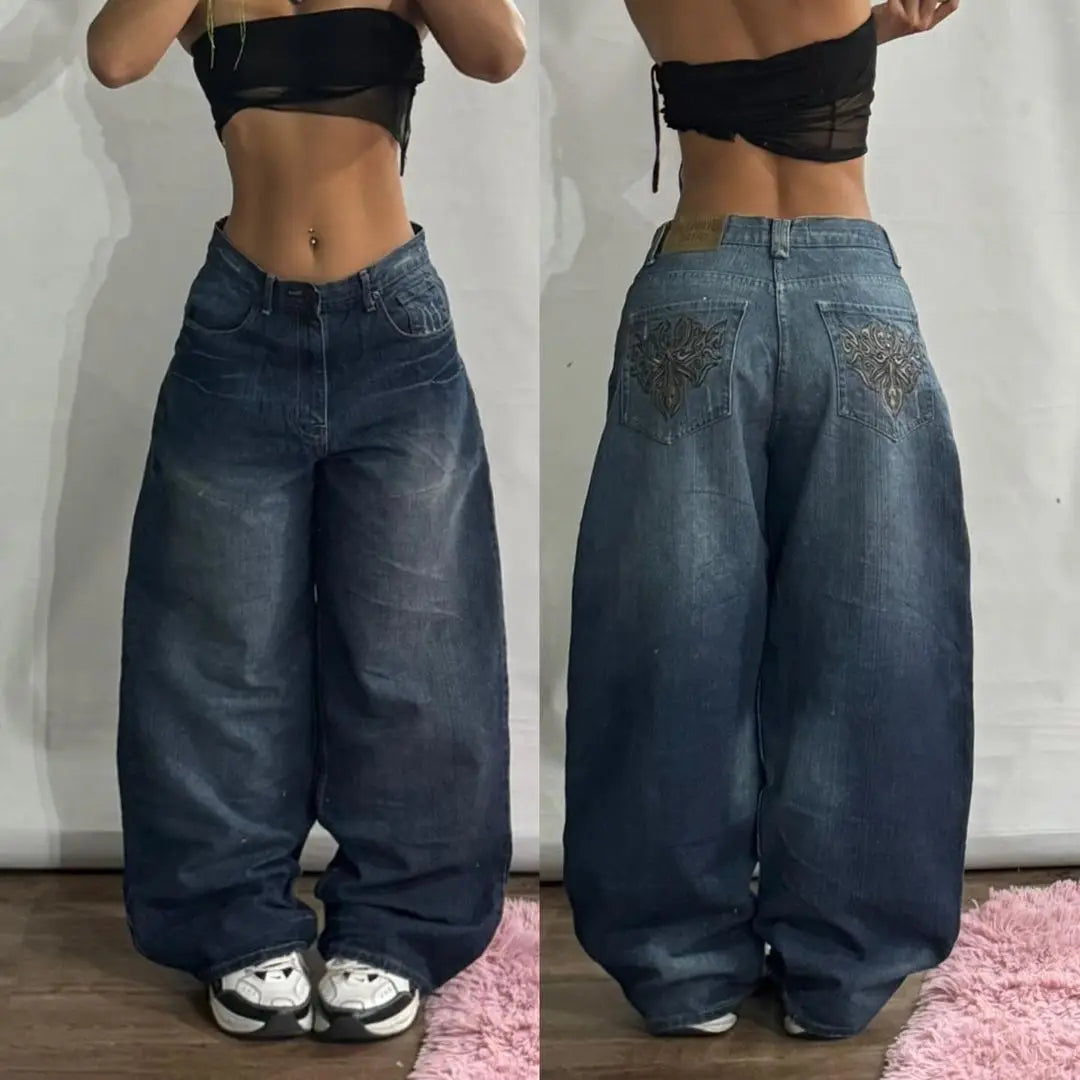 American Hip Hop New Big Pocket Baggy Casual Jeans Women Y2K Gothic Vintage Joker Fashion High Waist Wide Leg Denim Trousers