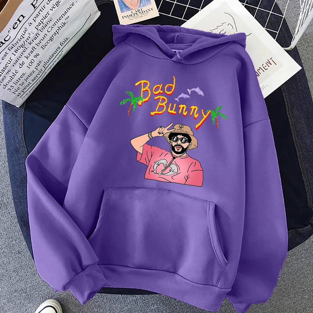 Bad Bunny Beach Vacation Print Women Clothing Fashion Oversize Hoodies Creativity Fleece Streetwear Casual Soft Womens Hoodie