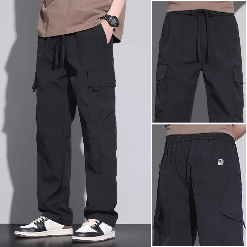 Men's Baggy Straight Combat Cargo Pants Basic Versatile Outdoor Sports Ripstop Trousers Multi Pockets Wide Leg Casual Pants Male