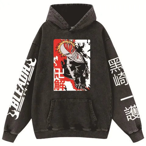 2024 autumn new hot death BLEACH Kurozaki high quality wash vintage to do old cotton hoodie men and women hoodies