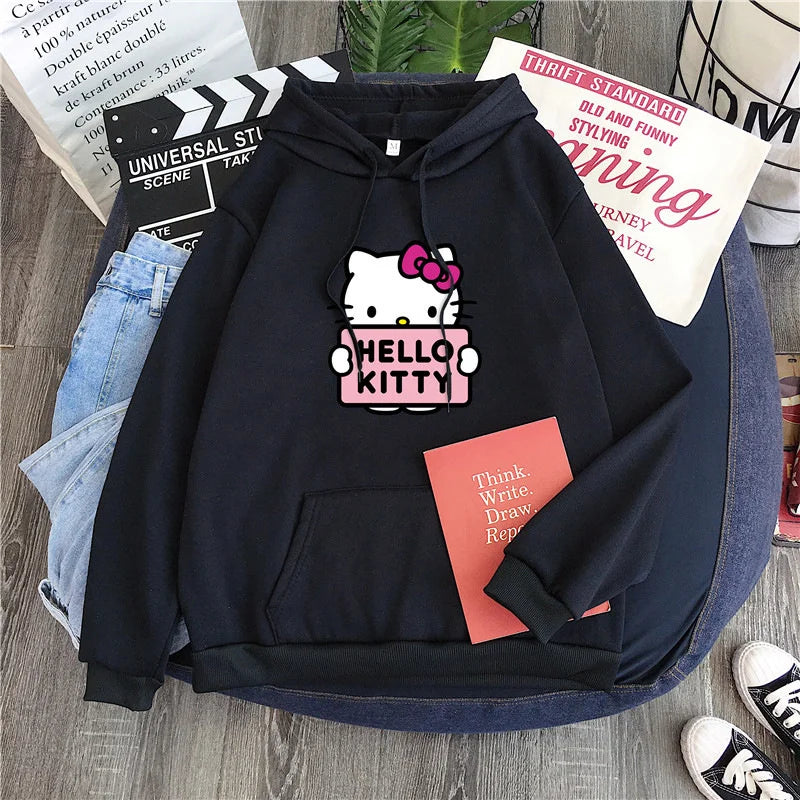 2024 New Casual Women's Sweatshirts Sanrio Hello Kitty Kawaii Tops for Women Cute Hoodies Fashion Harajuku Long Sleeves Plus Siz