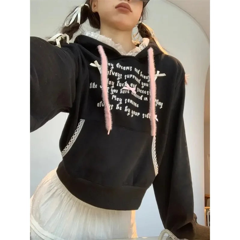 Retro Preppy Casual Loose Sweatshirt Long Sleeved Kawaii Letter Print Hoodies Lace Hooded Top Women Clothing Small bow trim