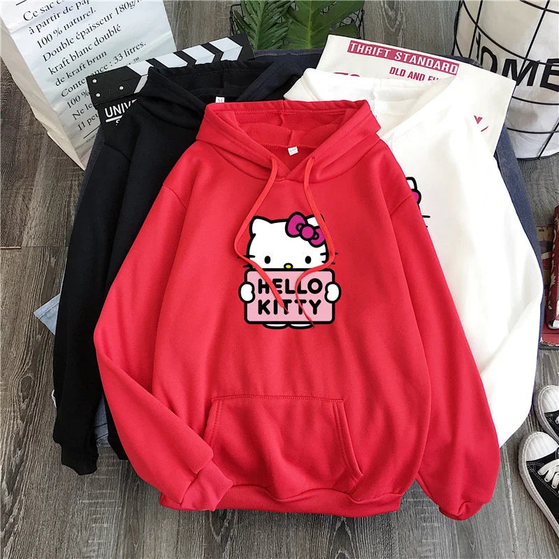 2024 New Casual Women's Sweatshirts Sanrio Hello Kitty Kawaii Tops for Women Cute Hoodies Fashion Harajuku Long Sleeves Plus Siz