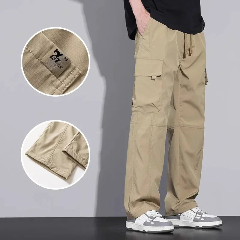 Men's Baggy Straight Combat Cargo Pants Basic Versatile Outdoor Sports Ripstop Trousers Multi Pockets Wide Leg Casual Pants Male