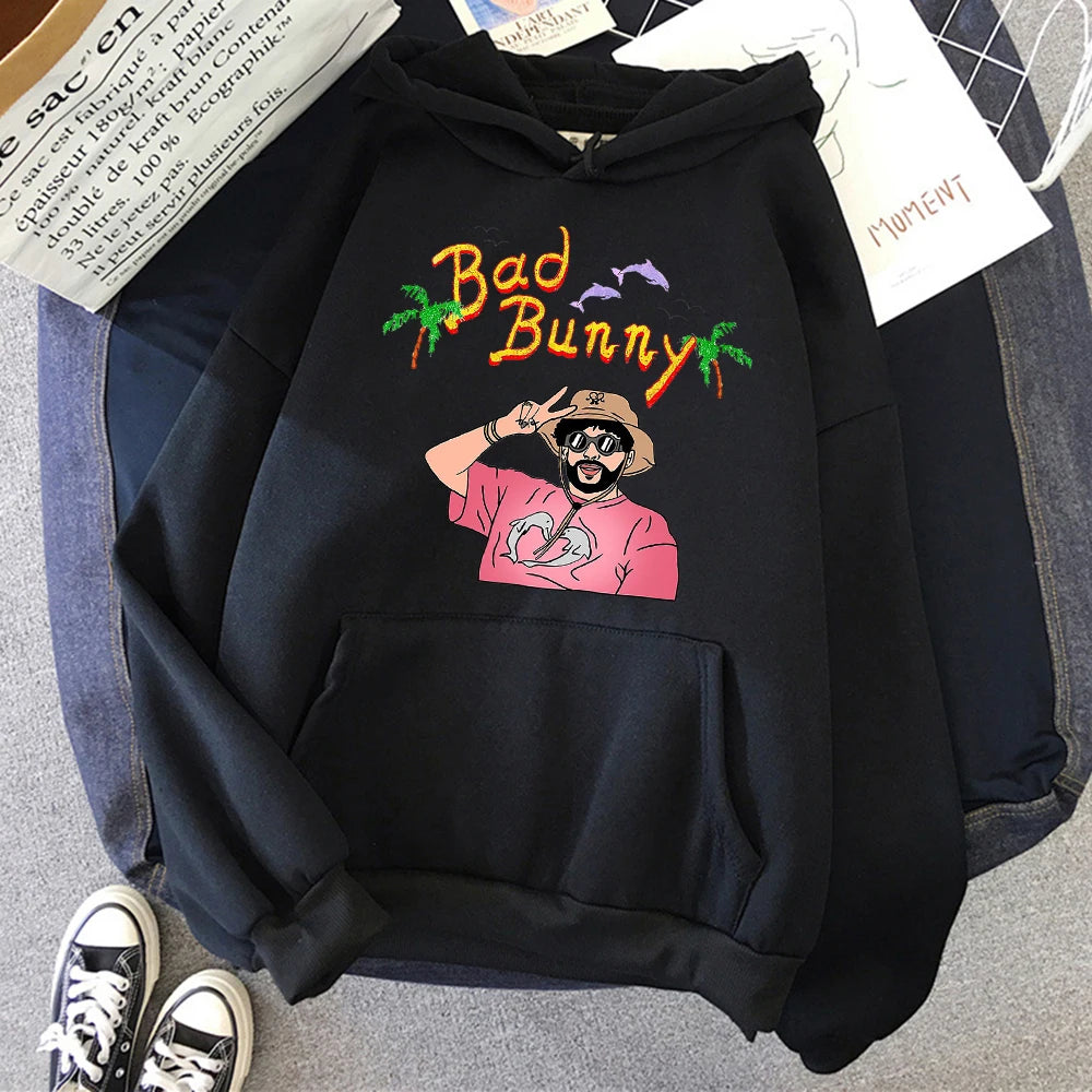 Bad Bunny Beach Vacation Print Women Clothing Fashion Oversize Hoodies Creativity Fleece Streetwear Casual Soft Womens Hoodie