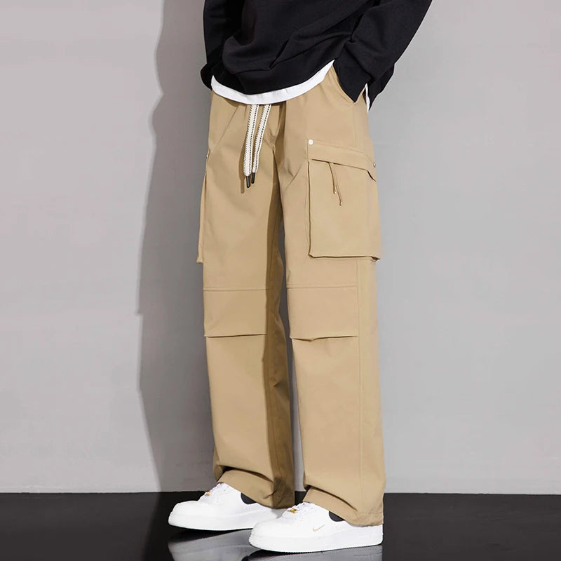 Cargo Straight Trousers Solid Color Elastic High Waist Pockets Drawstring Men's Clothing Boyfriend Spring Autumn Korean Pants