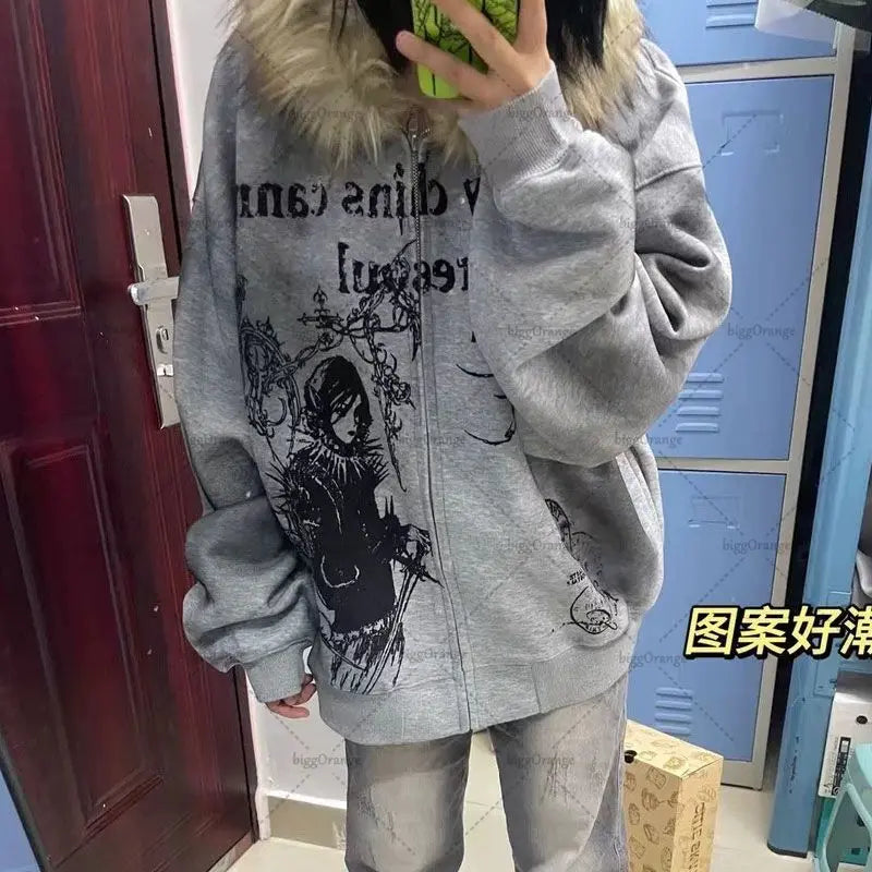 Gothic Punk Harajuku Big Fur Collar Jacket European and American Fashion Animation Printed Hoodie Casual Versatile Sweatshirt