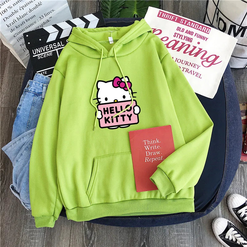 2024 New Casual Women's Sweatshirts Sanrio Hello Kitty Kawaii Tops for Women Cute Hoodies Fashion Harajuku Long Sleeves Plus Siz