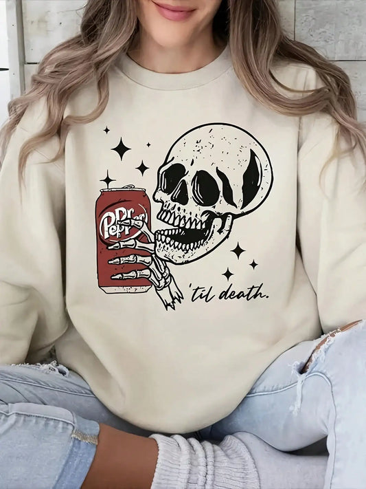 Plus Size Women's Round Neck Long Sleeved Loose Fitting Pullover for Halloween Ghost and Eerie Style Fashionable Casual Pullover