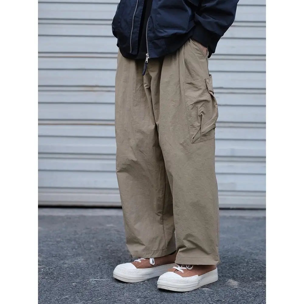 Spring Autumn Solid Color Pockets Elastic High Waisted Casual Loose Fashionable Retro Men's Clothing Trousers Cargo Pants