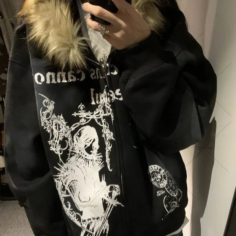 Gothic Punk Harajuku Big Fur Collar Jacket European and American Fashion Animation Printed Hoodie Casual Versatile Sweatshirt