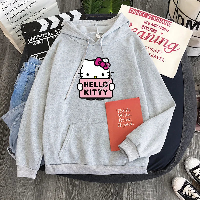 2024 New Casual Women's Sweatshirts Sanrio Hello Kitty Kawaii Tops for Women Cute Hoodies Fashion Harajuku Long Sleeves Plus Siz