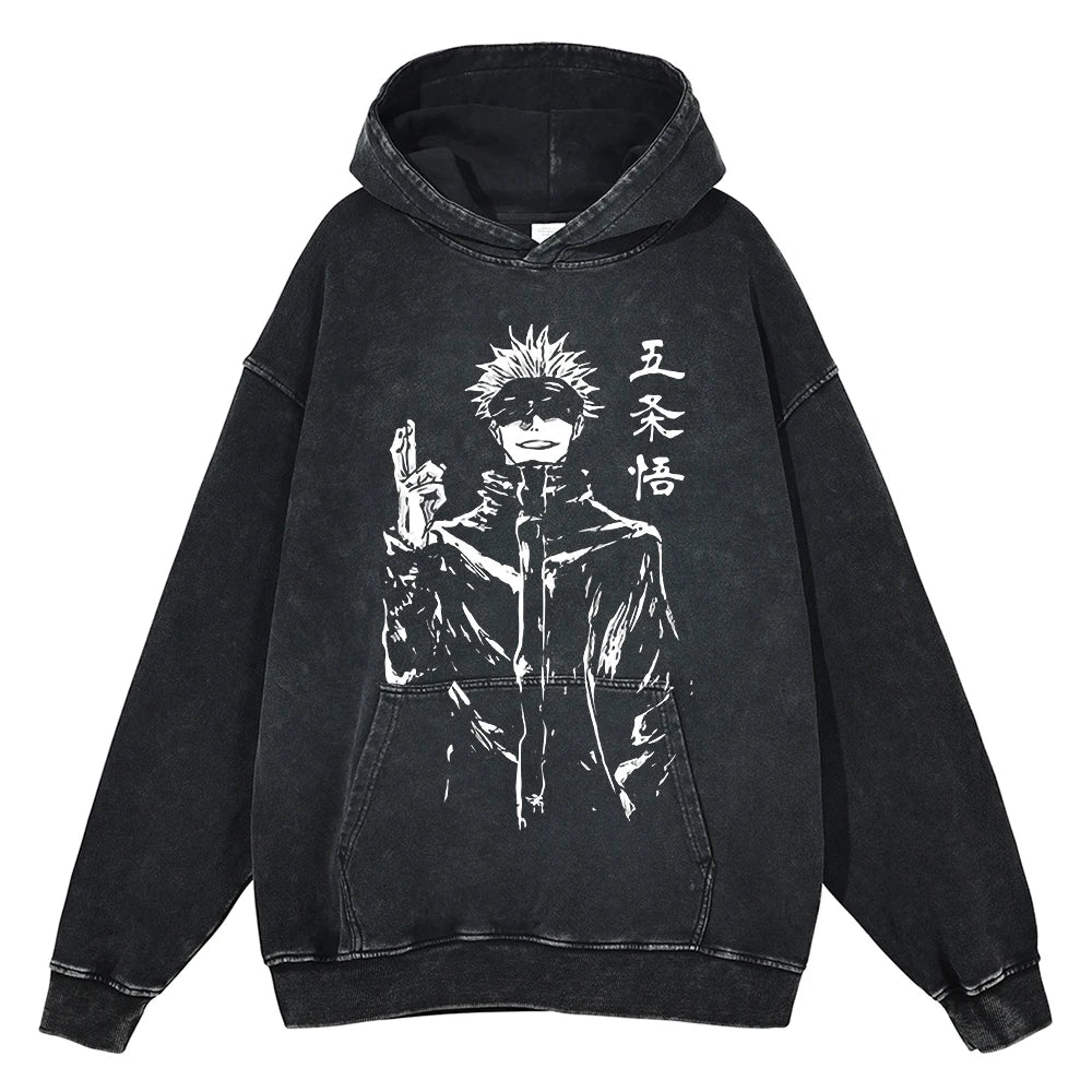 Hot Anime Jujutsu Kaisen Satoru Gojo Print Hooded Men Women Oversized Hoodies Manga Washed Cotton Pullover Harajuku Sweatshirt