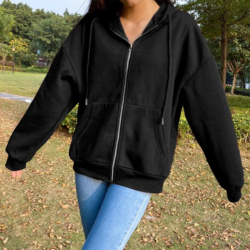 Autumn Fleece Hoodie Solid Color Hooded Korean Fashion Sweatshirts Long Sleeve Top Drawstring Pockets Loose Zipper Black Hoodies