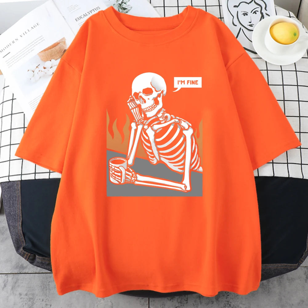 Skeletons In Meditation And Keep Alone Prints Mans Cotton Short Sleeve Personality Street Hip Hop Clothing Casual Men T-Shirts