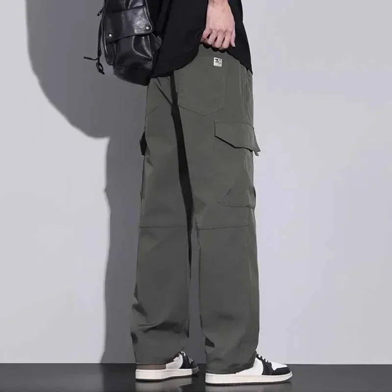 Men's Baggy Straight Combat Cargo Pants Basic Versatile Outdoor Sports Ripstop Trousers Multi Pockets Wide Leg Casual Pants Male