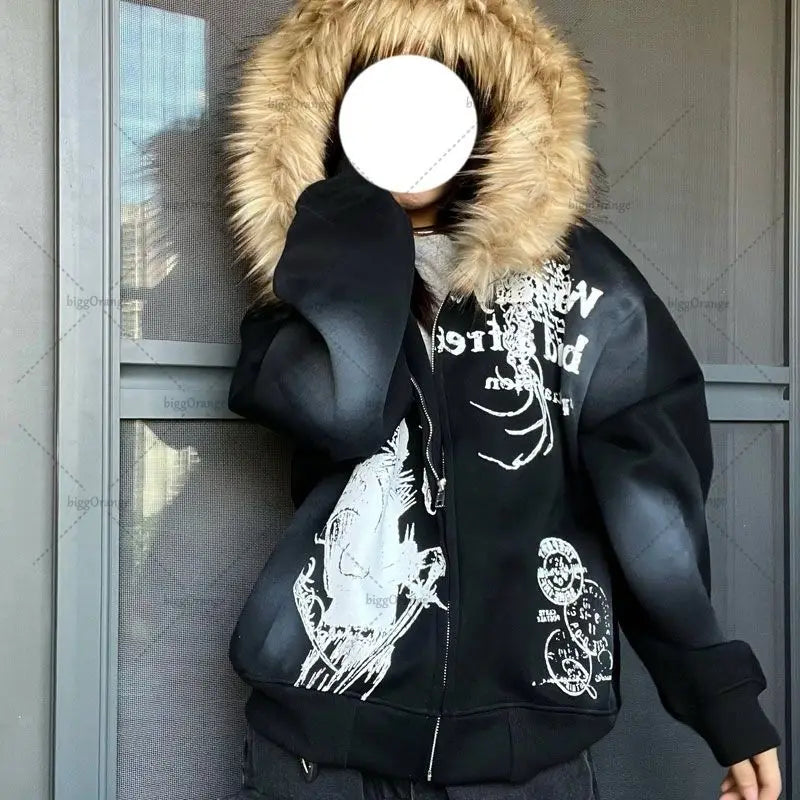 Gothic Punk Harajuku Big Fur Collar Jacket European and American Fashion Animation Printed Hoodie Casual Versatile Sweatshirt